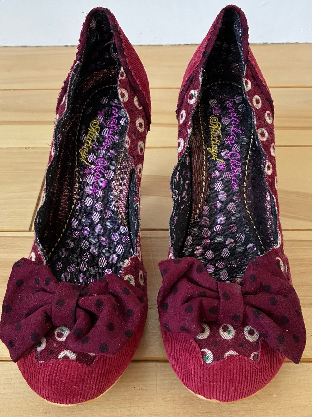 Irregular Choice Beach Trip Burgundy Polka Dot Bow Heels, Never Worn, Size 38 - Picture 2 of 7